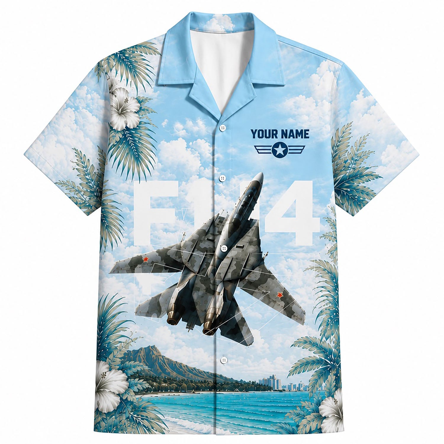 Front flat-lay view of the Personalized F-14 Tomcat Hawaiian Shirt with custom nameplate, star-wing emblem, and sky blue background