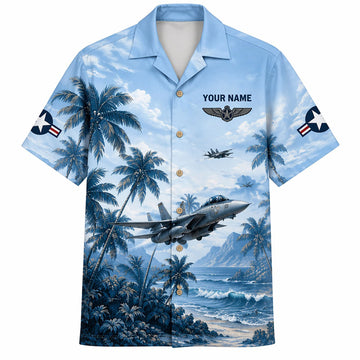 Front flat-lay view of the Personalized F-14 Tomcat Jet Fighter Hawaiian Shirt with custom name, pilot aviator wings, and military star insignia