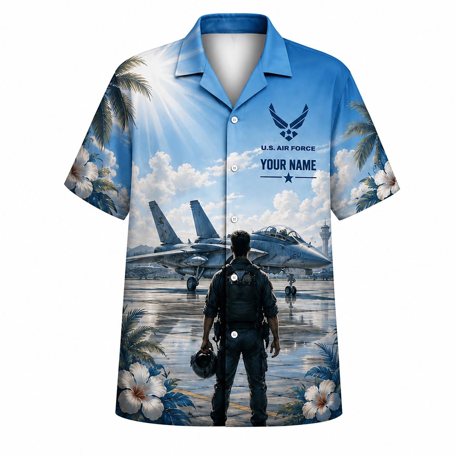 Front flat-lay view of the Personalized F-14 Tomcat Veteran Hawaiian Shirt with custom name slot and pilot standing on a runway graphic