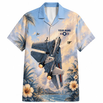 Front flat-lay view of the Personalized F-14 Tomcat Hawaiian Shirt featuring a vertical-climbing jet against a warm sunset sky