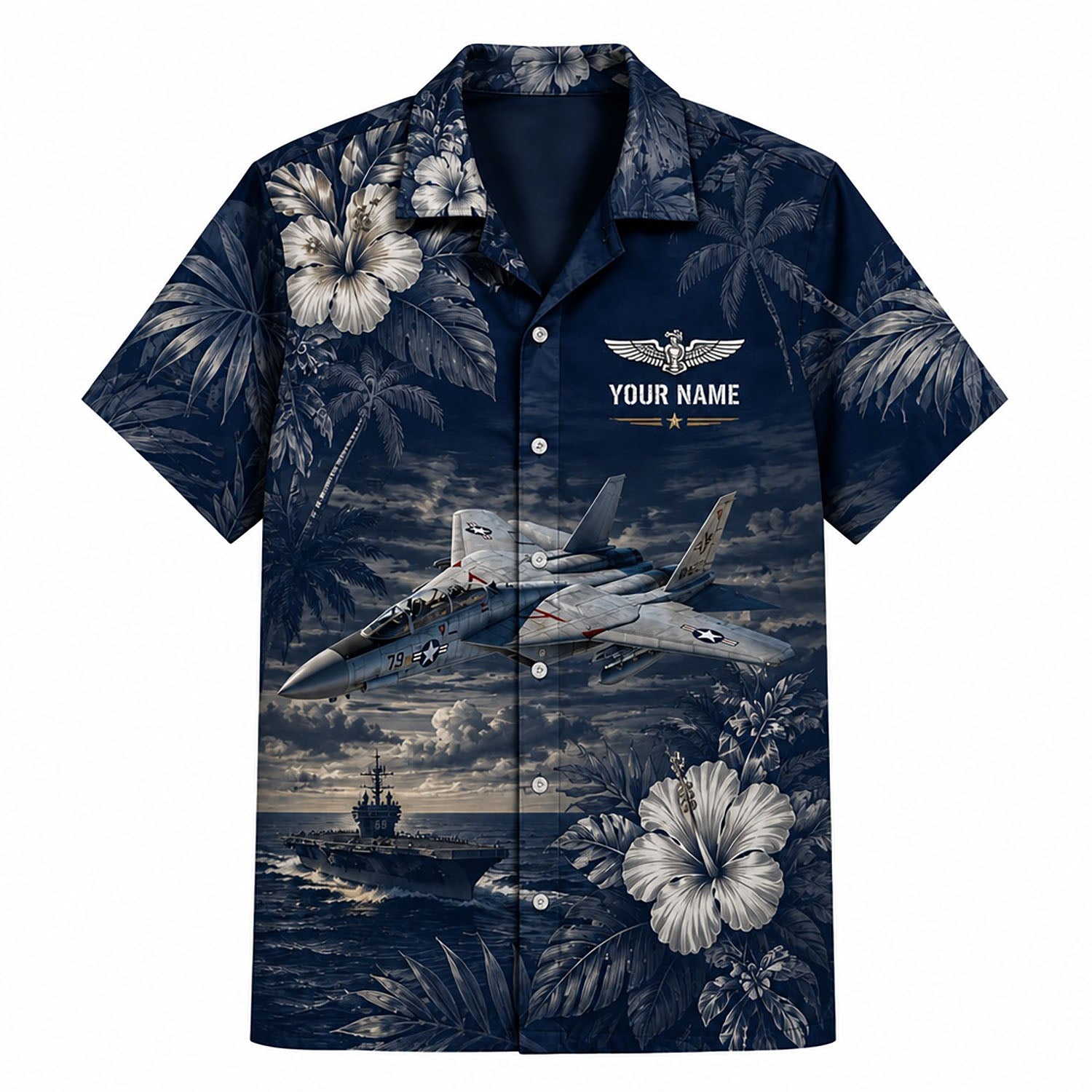 Front flat-lay view of the Personalized F-14 Tomcat Navy Fighter Jet Hawaiian Shirt with custom name, aviator wings, and aircraft carrier graphics