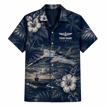 Front flat-lay view of the Personalized F-14 Tomcat Navy Fighter Jet Hawaiian Shirt with custom name, aviator wings, and aircraft carrier graphics