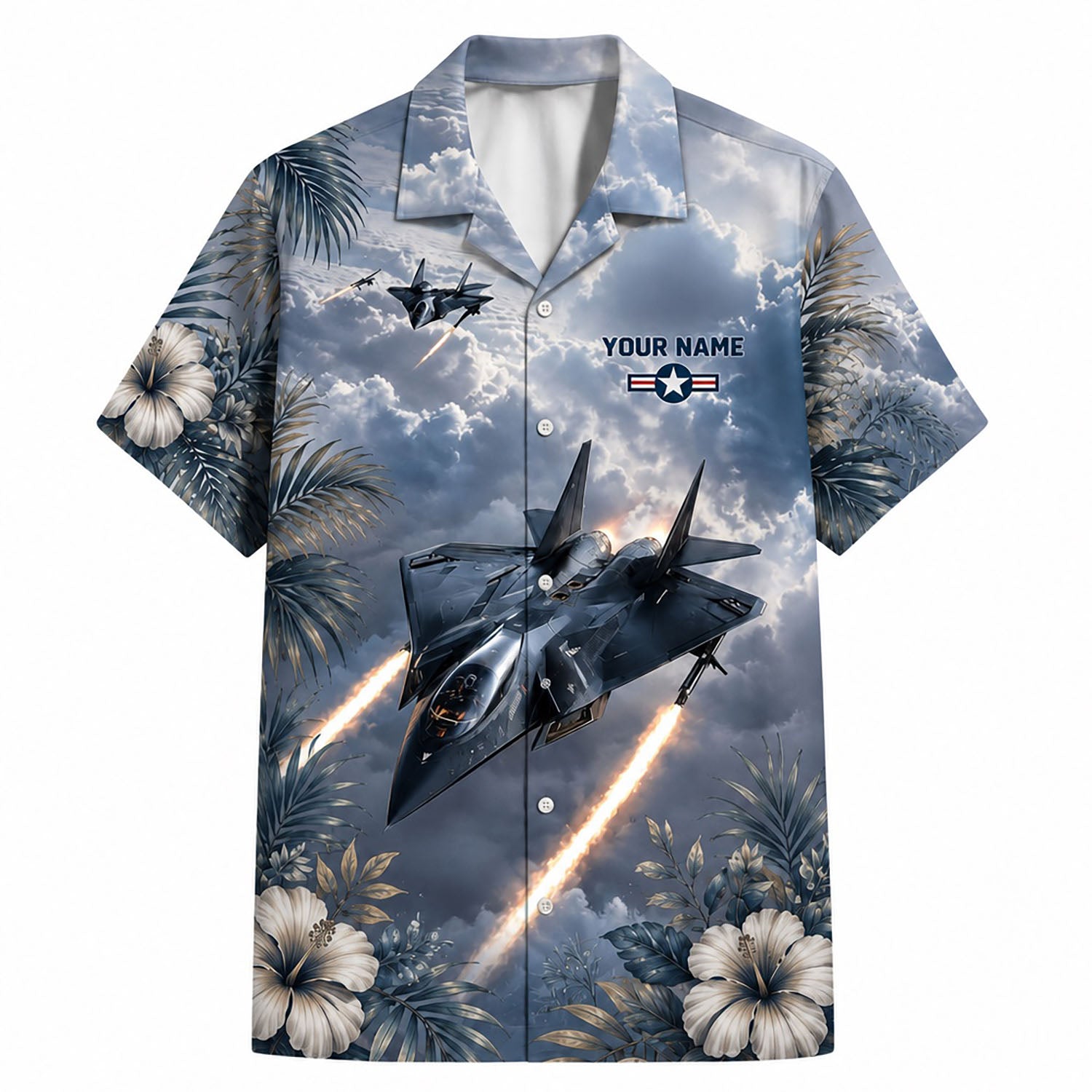 Front flat-lay view of the Personalized F-14 Tomcat Hawaiian Shirt featuring dramatic stormy clouds and glowing jet afterburner trails