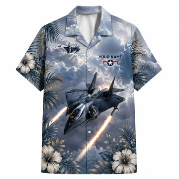 Front flat-lay view of the Personalized F-14 Tomcat Hawaiian Shirt featuring dramatic stormy clouds and glowing jet afterburner trails
