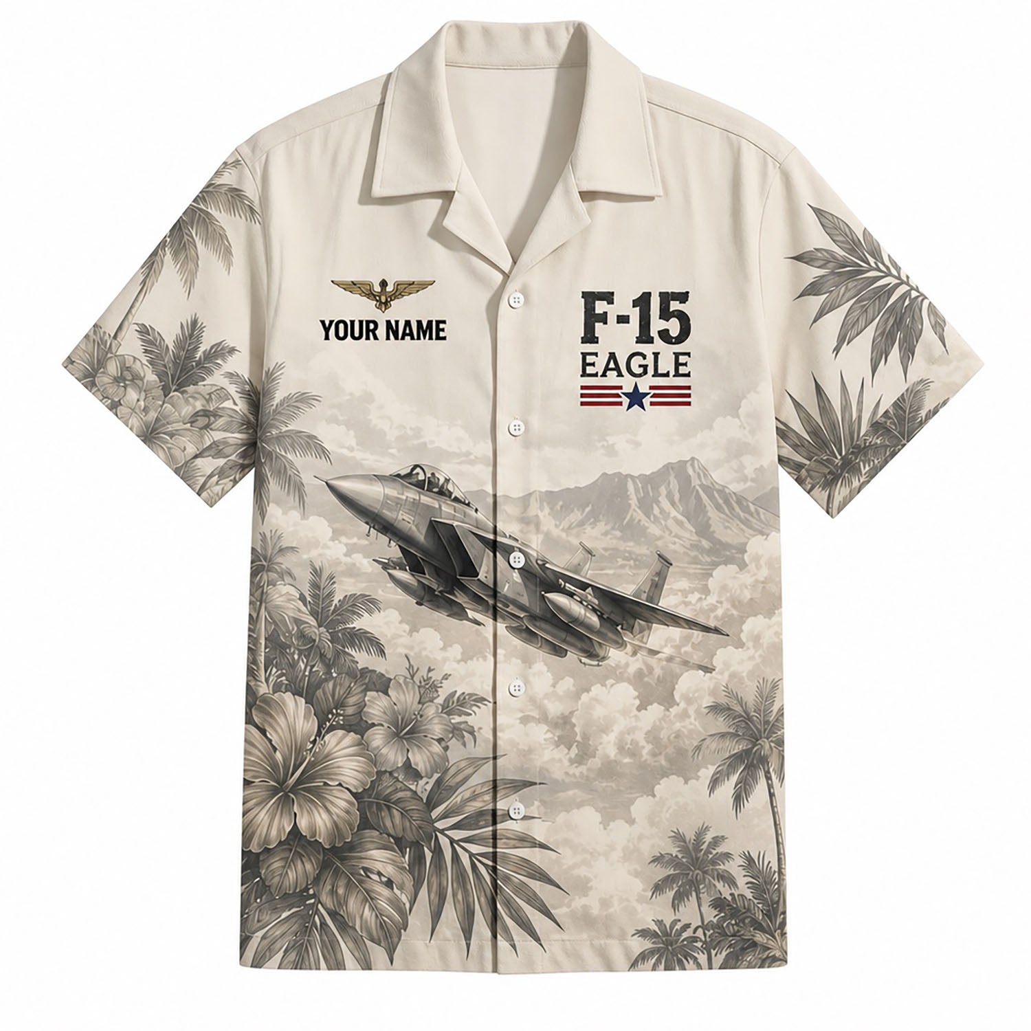 Front flat-lay view of the Personalized F-15 Eagle Fighter Jet Hawaiian Shirt in cream color with sepia tropical prints and custom name