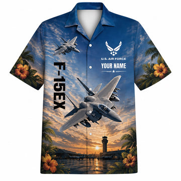 Front flat-lay view of the Personalized F-15EX Eagle II Jet Hawaiian Shirt in sunset airbase backdrop with custom name block
