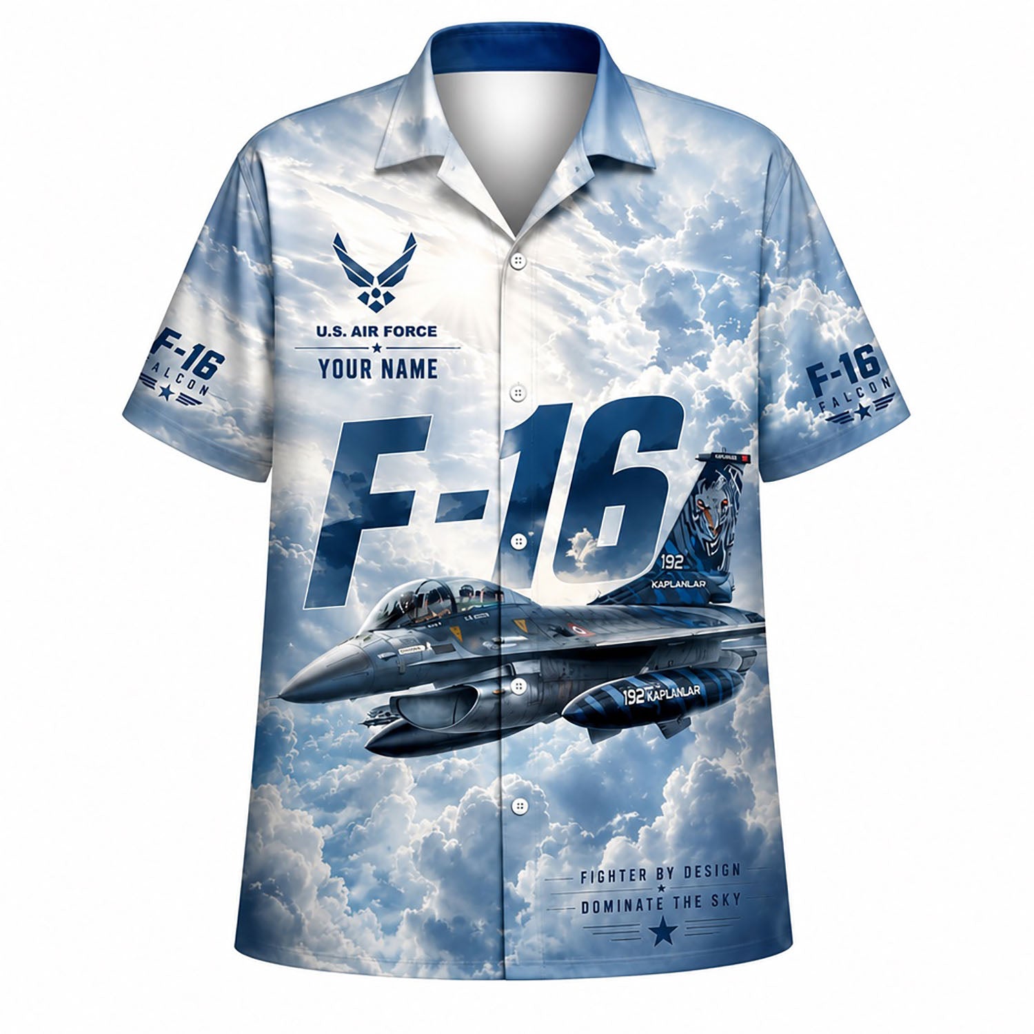 Front flat-lay view of the Personalized F-16 Fighting Falcon Jet Hawaiian Shirt in bright blue clouds with custom name block