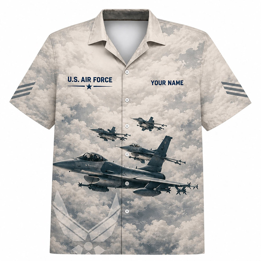 Front flat-lay view of the Vintage Chalk F-16 Fighting Falcon Hawaiian Shirt with custom nameplate, USAF text, and fighter jets squadron in flight over a cloudy background
