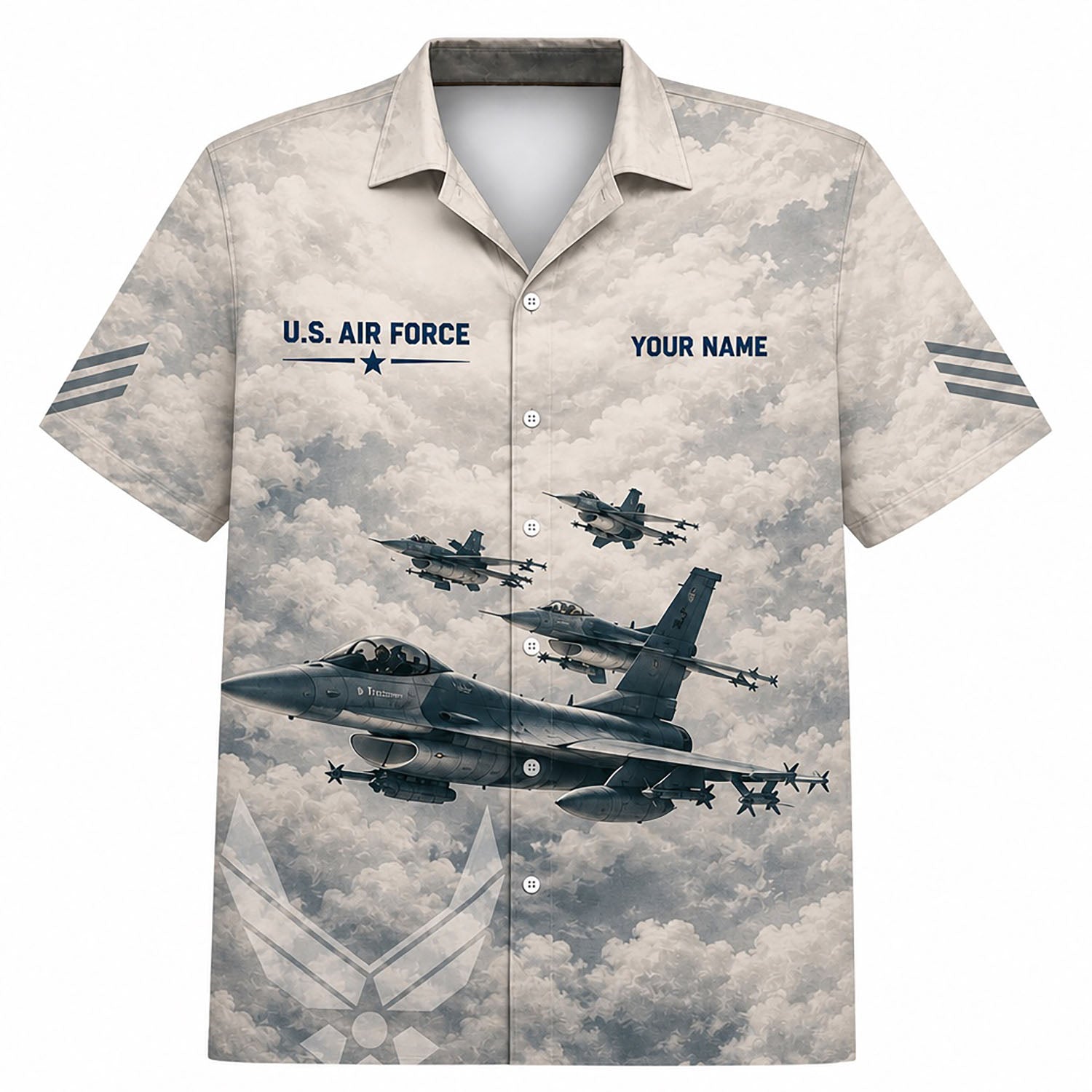 Front flat-lay view of the Vintage Chalk F-16 Fighting Falcon Hawaiian Shirt with custom nameplate, USAF text, and fighter jets squadron in flight over a cloudy background