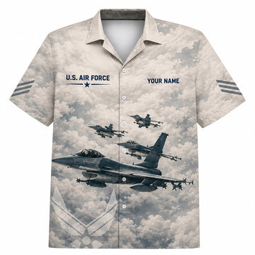 Front flat-lay view of the Vintage Chalk F-16 Fighting Falcon Hawaiian Shirt with custom nameplate, USAF text, and fighter jets squadron in flight over a cloudy background