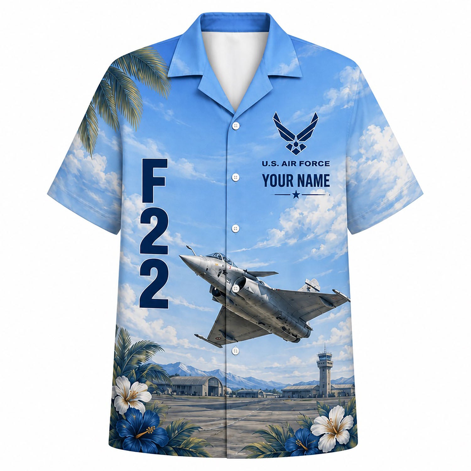 Front flat-lay view of the Personalized F-22 Rafale Veteran Hawaiian Shirt with custom name slot, USAF logo, and a fighter jet launching from a military runway tarmac