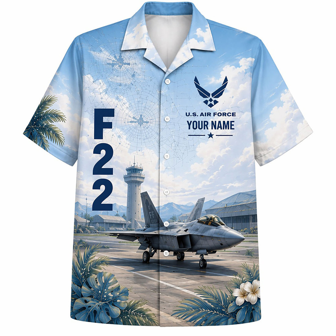 Front flat-lay view of the Sky Blue F-22 Raptor Hawaiian Shirt featuring a custom nameplate, USAF logo, hangar bay, control tower, and tropical flowers