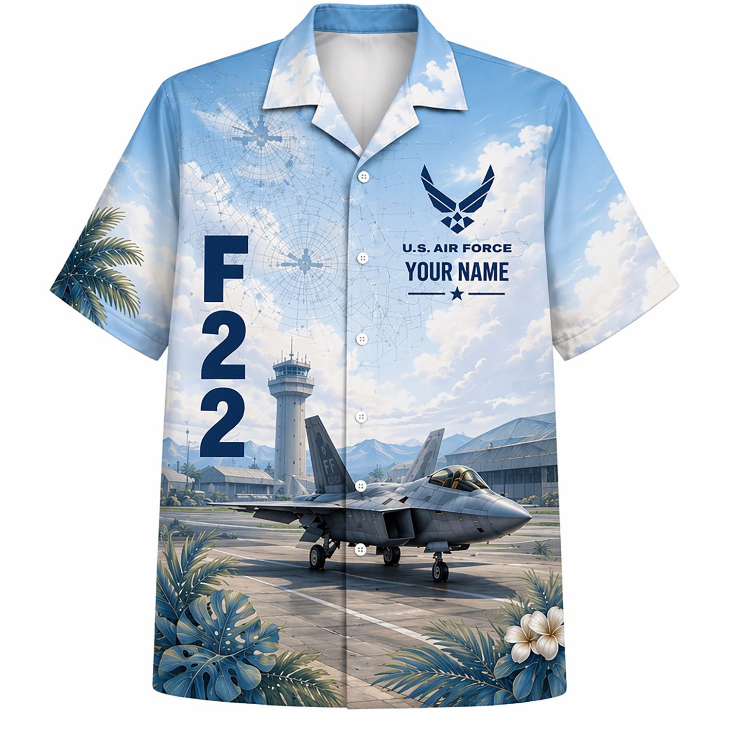 Front flat-lay view of the Sky Blue F-22 Raptor Hawaiian Shirt featuring a custom nameplate, USAF logo, hangar bay, control tower, and tropical flowers