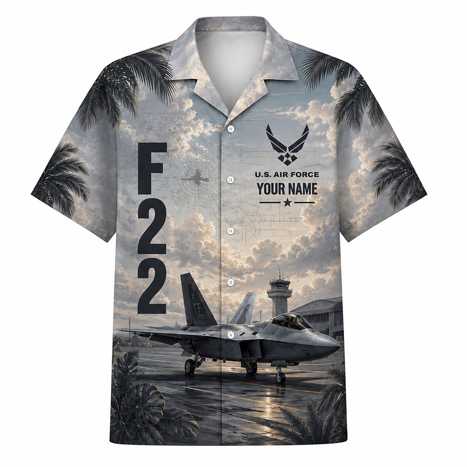 Front flat-lay view of the Stealth Grey F-22 Raptor Hawaiian shirt featuring custom name plate, USAF crest, bold vertical "F22" text, and wet airbase runway
