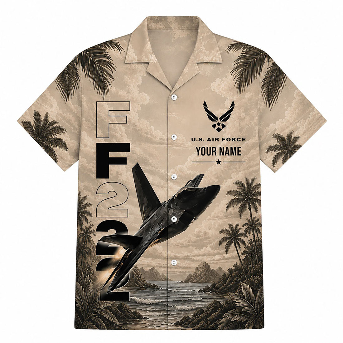 Front flat-lay view of the Vintage Sepia F-22 Raptor Hawaiian Shirt featuring a custom name slot, USAF insignia, and stealth jet takeoff illustration over a tropical bay
