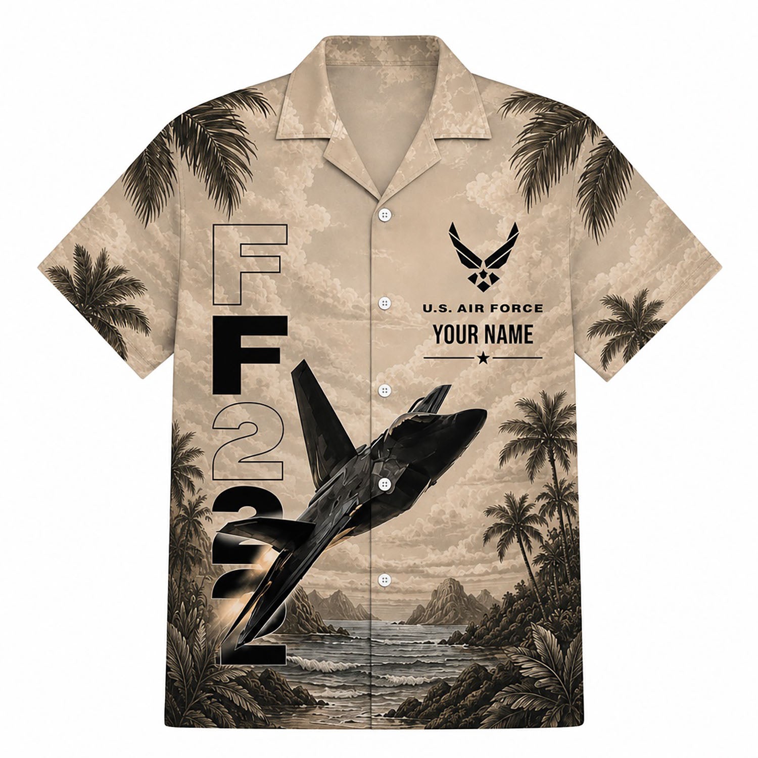 Front flat-lay view of the Vintage Sepia F-22 Raptor Hawaiian Shirt featuring a custom name slot, USAF insignia, and stealth jet takeoff illustration over a tropical bay