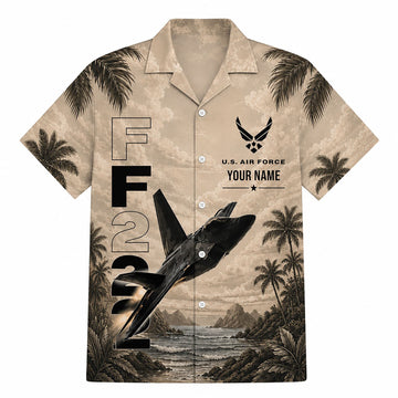 Front flat-lay view of the Vintage Sepia F-22 Raptor Hawaiian Shirt featuring a custom name slot, USAF insignia, and stealth jet takeoff illustration over a tropical bay