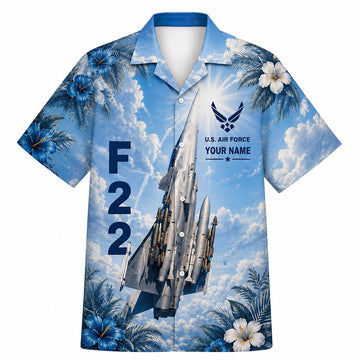 Front flat-lay view of the sky blue F-22 Raptor Hawaiian shirt featuring a bold vertical F22 graphic, custom name block, and tropical hibiscus borders