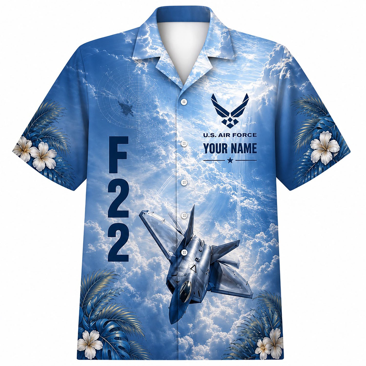 Front flat-lay view of the Personalized F-22 Raptor Fighter Jet Hawaiian Shirt in blue sky clouds with custom name print