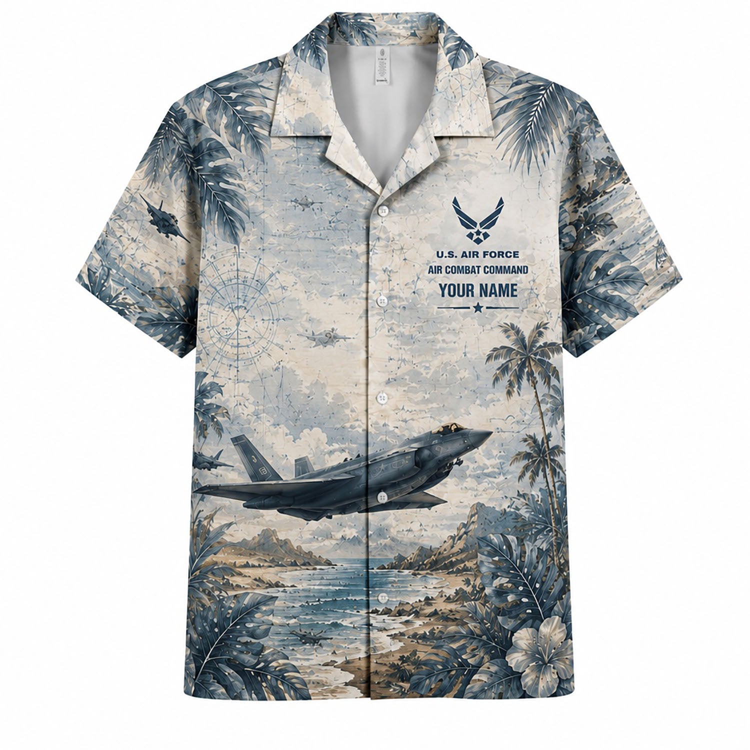 Front flat-lay view of the Personalized F-35 Lightning II Hawaiian Shirt with custom name slot, Air Combat Command crest, and stealth fighter jet cruising over tropical palm shores