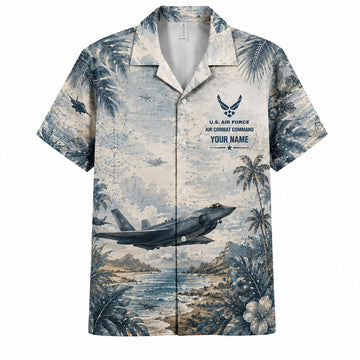 Front flat-lay view of the Personalized F-35 Lightning II Hawaiian Shirt with custom name slot, Air Combat Command crest, and stealth fighter jet cruising over tropical palm shores