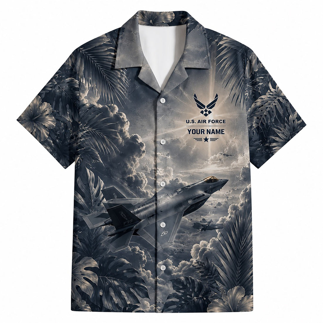Front flat-lay view of the dark charcoal F-35 Lightning II Hawaiian shirt featuring custom name plate, USAF insignia, and jet flying through moody jungle foliage clouds