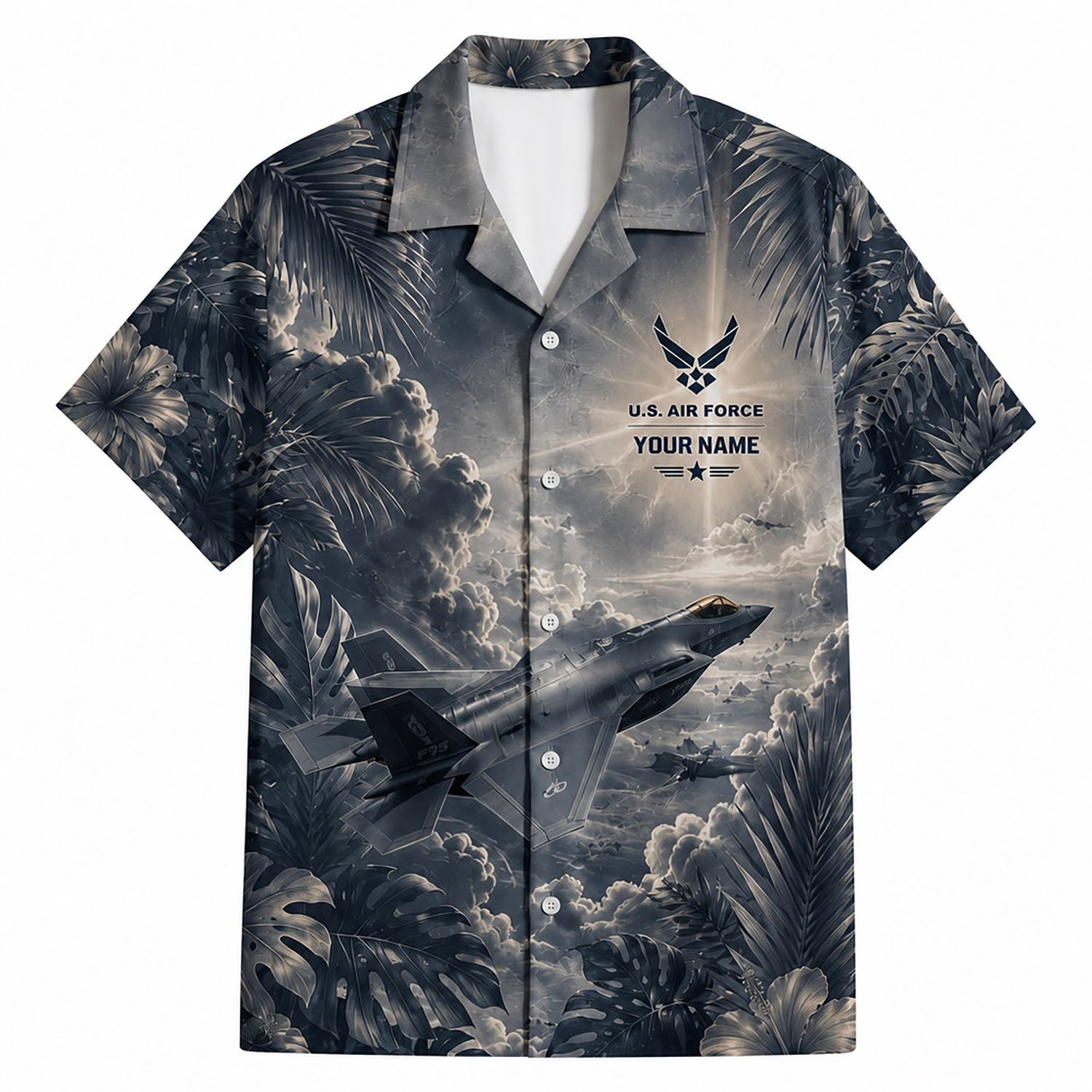 Front flat-lay view of the dark charcoal F-35 Lightning II Hawaiian shirt featuring custom name plate, USAF insignia, and jet flying through moody jungle foliage clouds