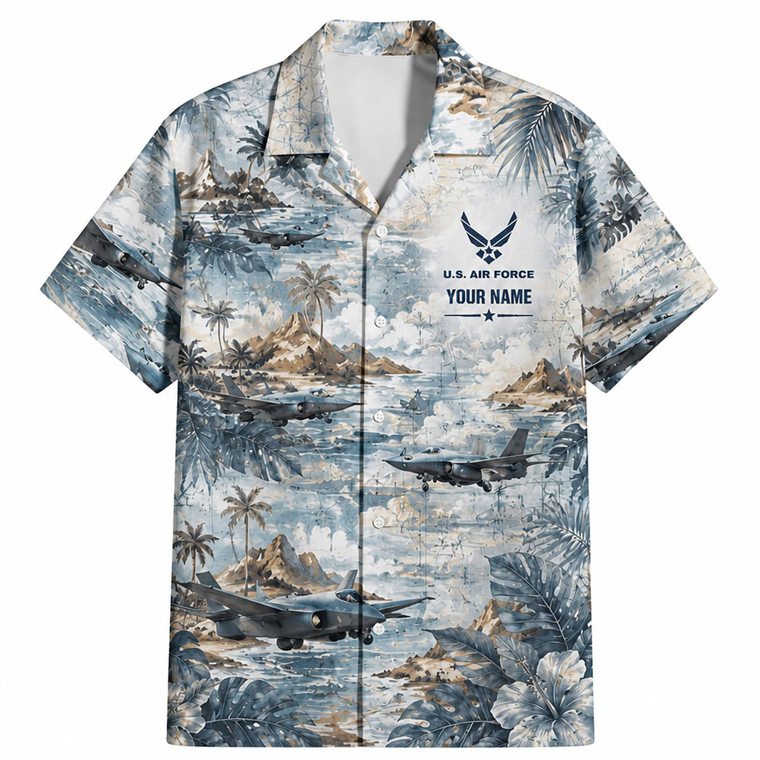 Front flat-lay view of the Personalized F-35 Lightning II Jet Hawaiian Shirt in vintage island map backdrop with custom name block