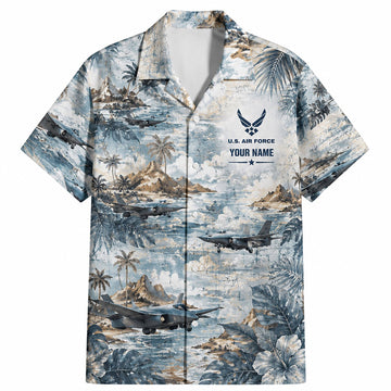 Front flat-lay view of the Personalized F-35 Lightning II Jet Hawaiian Shirt in vintage island map backdrop with custom name block