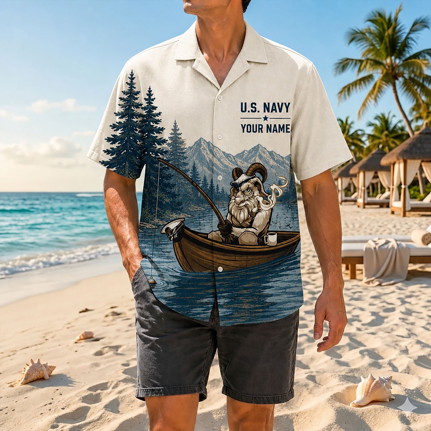 Full shot of a male model posing on a sunny shore wearing the personalized US Navy retired Chief tropical shirt with dark gray shorts