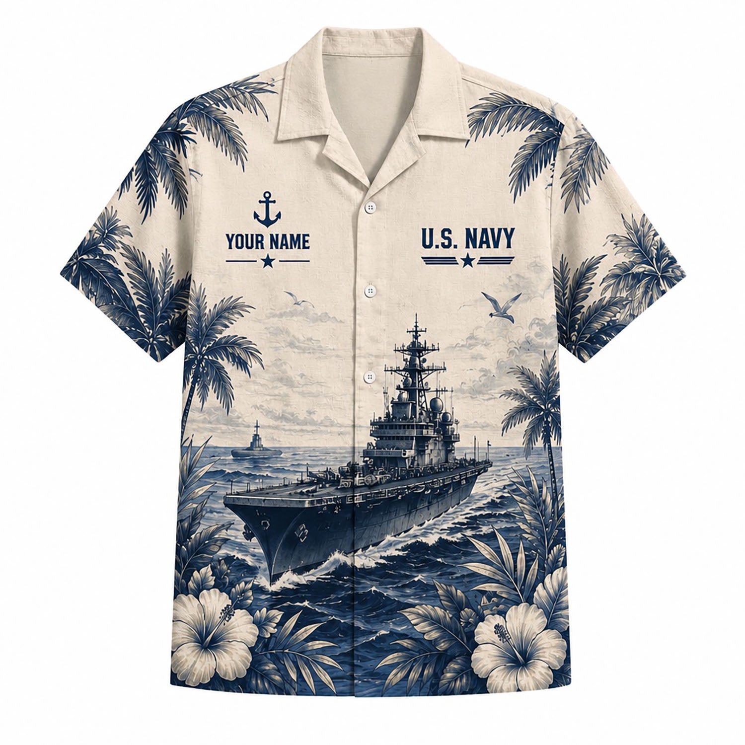 Front flat-lay view of the Personalized HMS Conqueror Submarine Hawaiian Shirt in cream featuring a blue sketch warship and custom name block