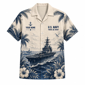 Front flat-lay view of the Personalized HMS Conqueror Submarine Hawaiian Shirt in cream featuring a blue sketch warship and custom name block