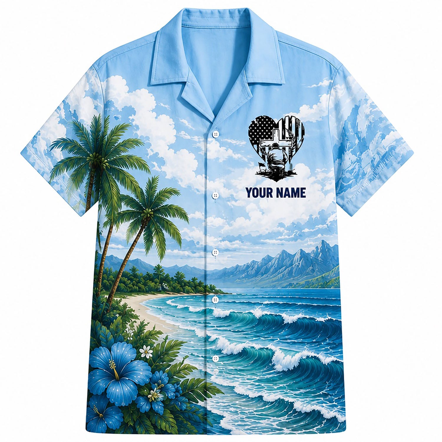Front flat-lay view of the Personalized Kneeling Soldier Cross Hawaiian Shirt with custom name, patriotic flag heart, and blue ocean waves