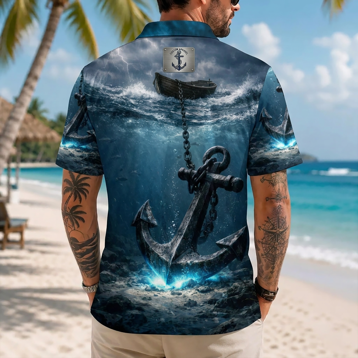 Mens US Navy Hawaiian Shirt Back View Featuring Large Sunken Iron Anchor and Wooden Rowboat on Ocean Waves