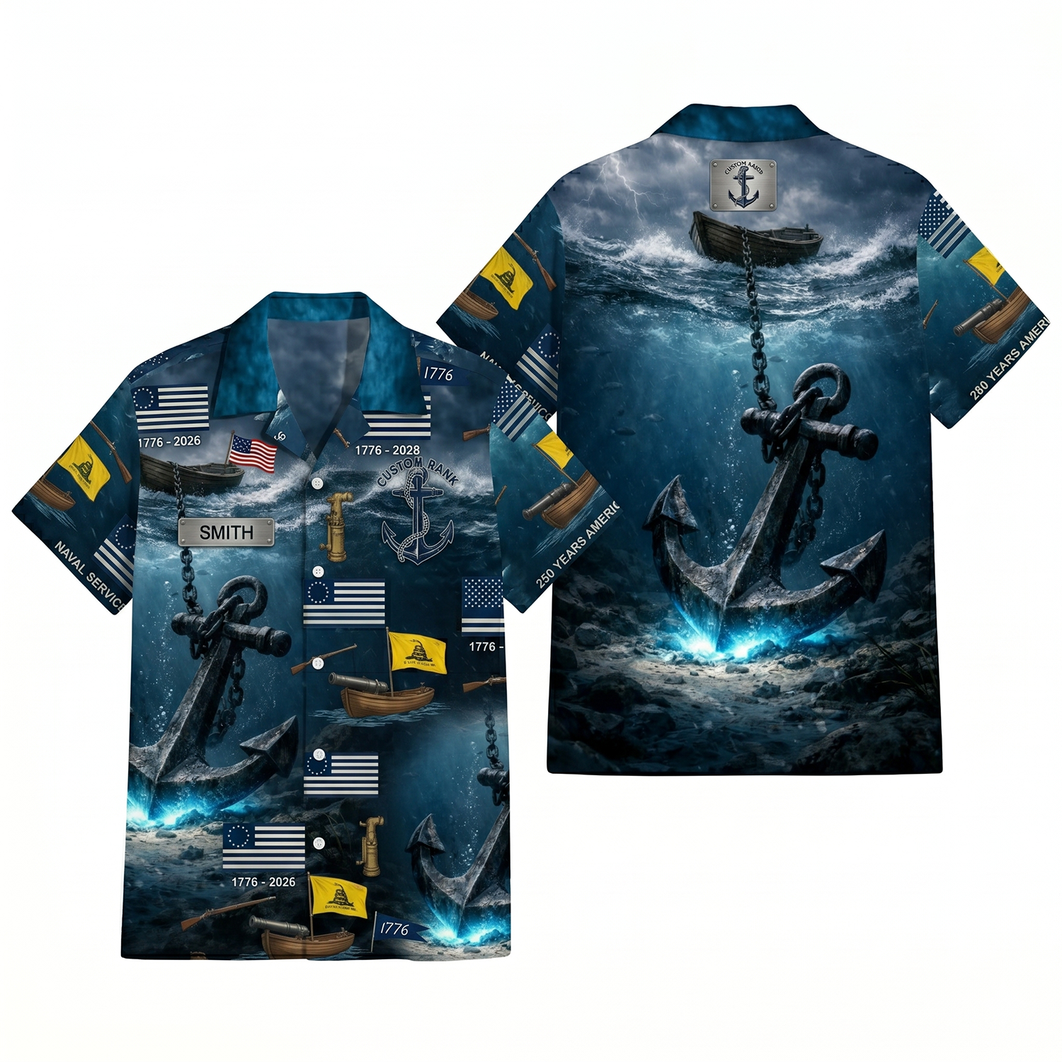 Mens Personalized Navy 250 Years Deep Sea Anchor Hawaiian Shirt Flat Layout