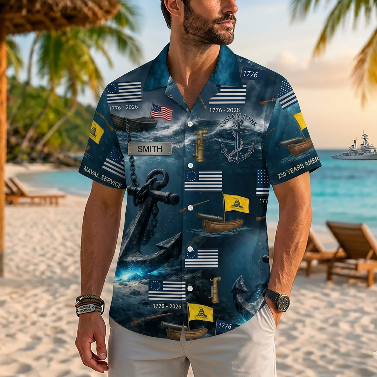 Mens US Navy Hawaiian Shirt Front View Showing Custom Name Plate and Historical Flags on Model
