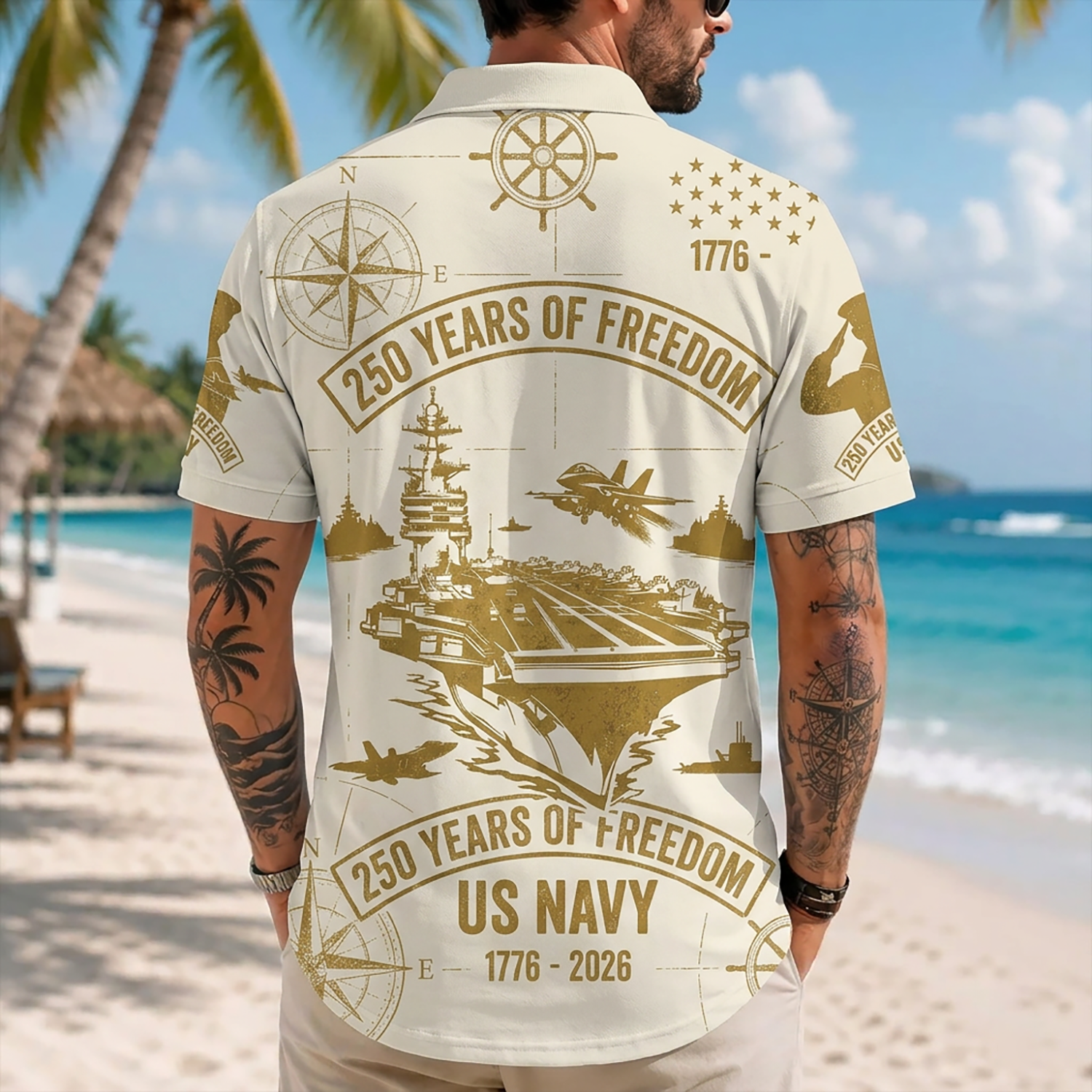 Mens US Navy Hawaiian Shirt Back View Featuring Golden Aircraft Carrier Flight Deck and Arched 250 Years Of Freedom Typography