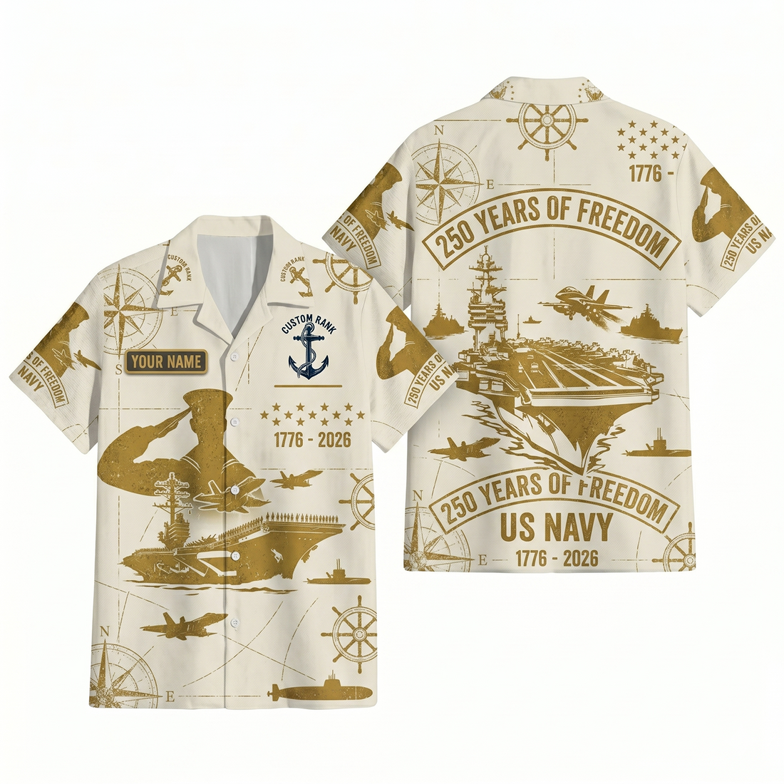 Mens Personalized Navy 250 Years of Freedom Cream Gold Hawaiian Shirt Flat Layout