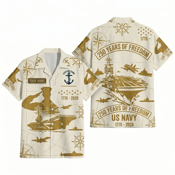 Mens Personalized Navy 250 Years of Freedom Cream Gold Hawaiian Shirt Flat Layout