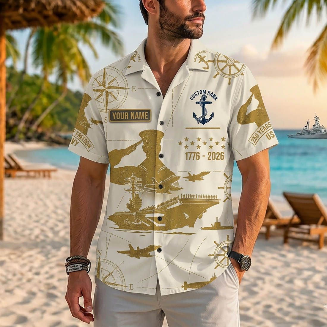 Mens Personalized Navy 250 Years of Freedom Cream Gold Hawaiian Shirt Flat Layout
