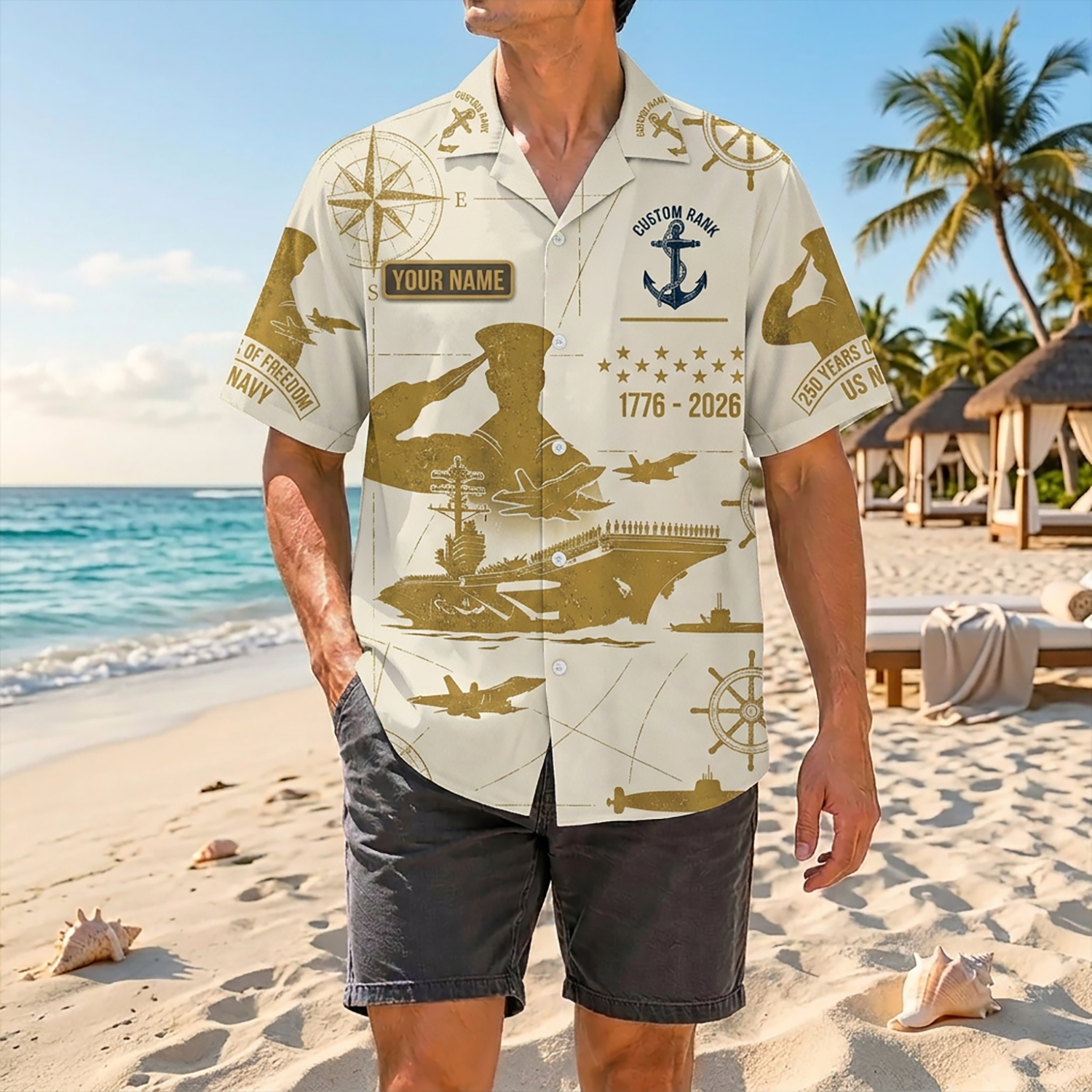 Proud Veteran Wearing Matching Personalized Navy Cream Gold Hawaiian Shirt On A Tropical Beach