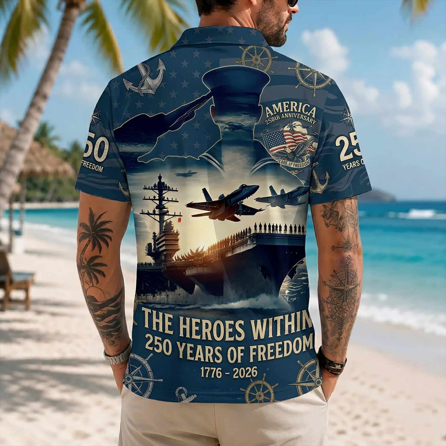 Mens US Navy Hawaiian Shirt Back View Featuring Aircraft Carrier Flight Deck, Saluting Sailor Silhouette, And 250 Years Typography