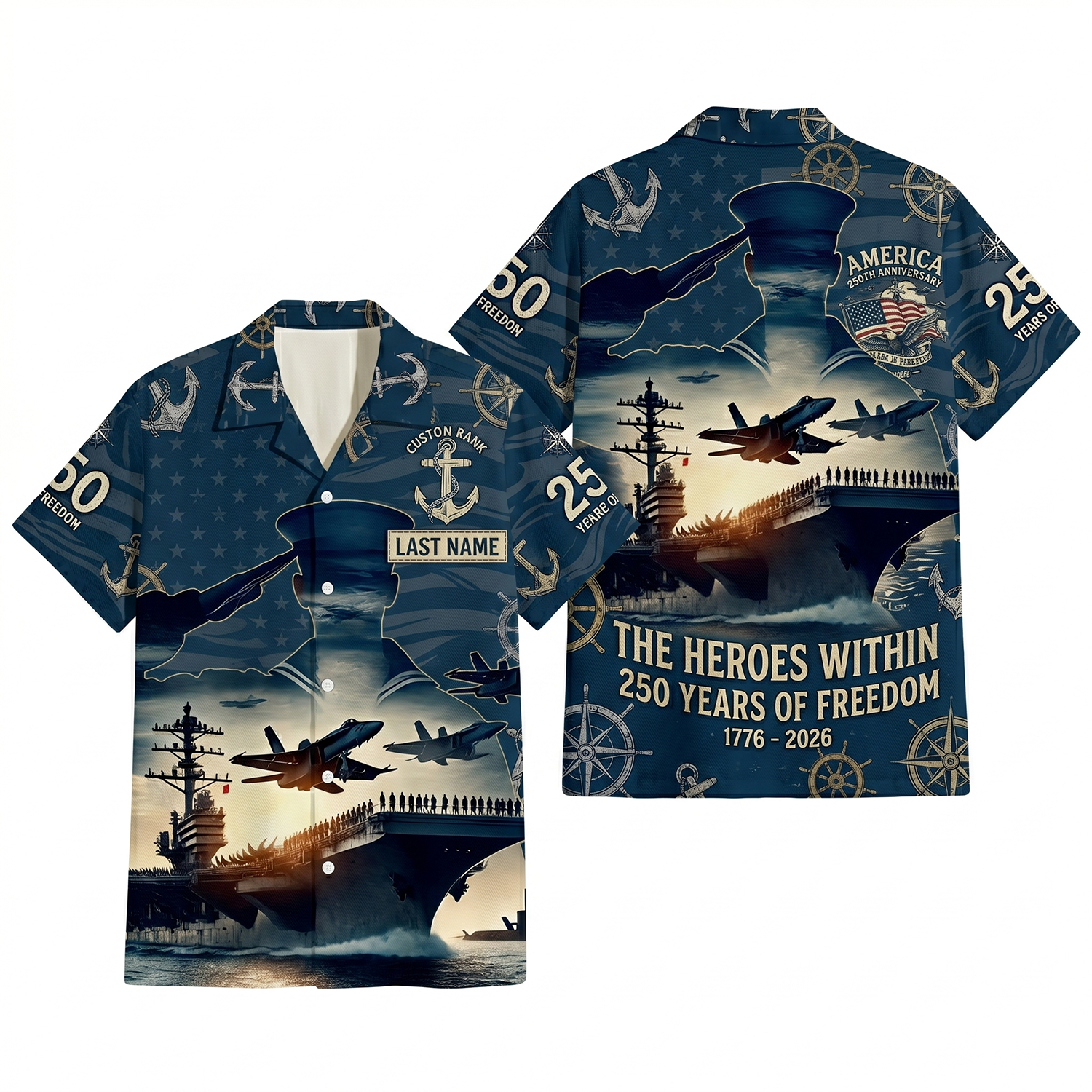 Mens Personalized Navy 250 Years of Freedom Heroes Within Hawaiian Shirt Flat Layout