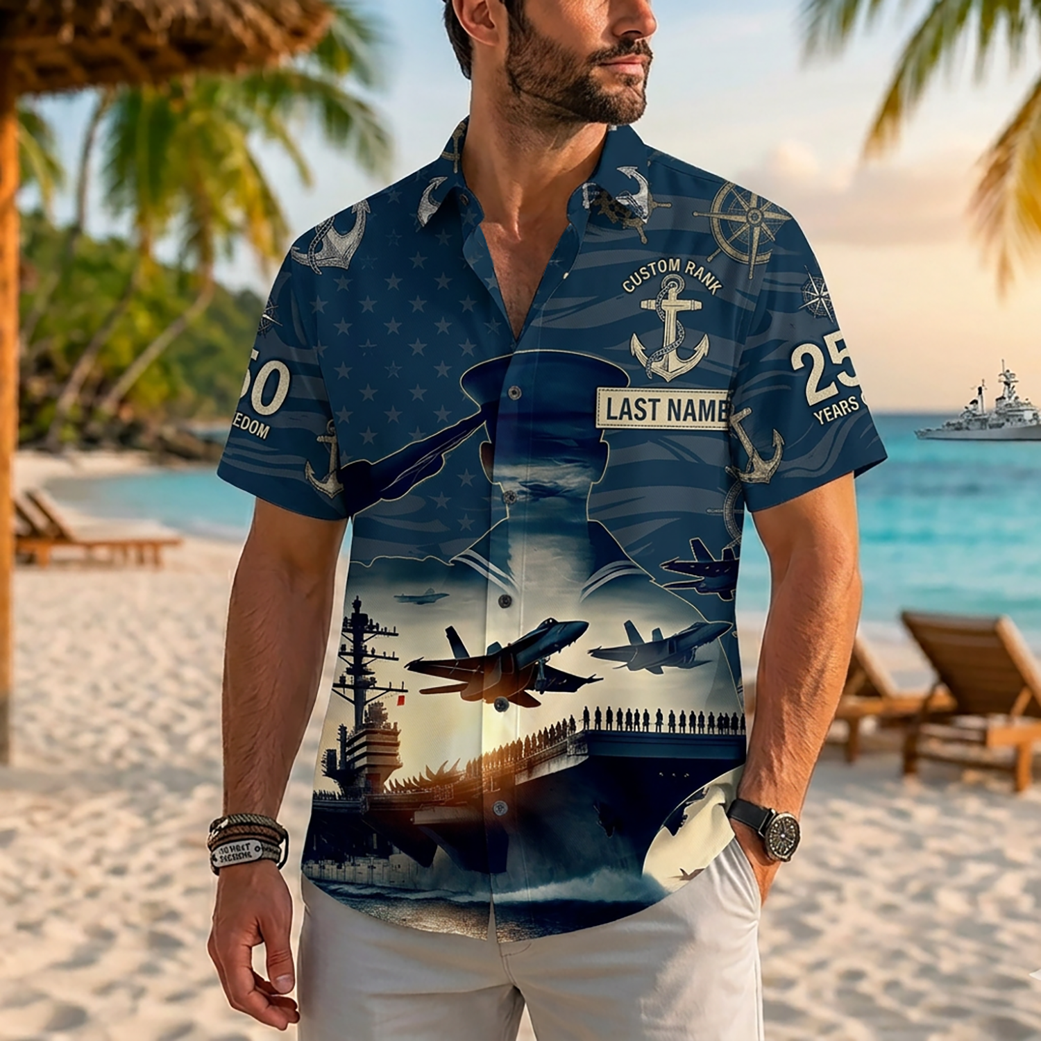Mens US Navy Hawaiian Shirt Front View Showing Custom Last Name and Rank Slots on Model