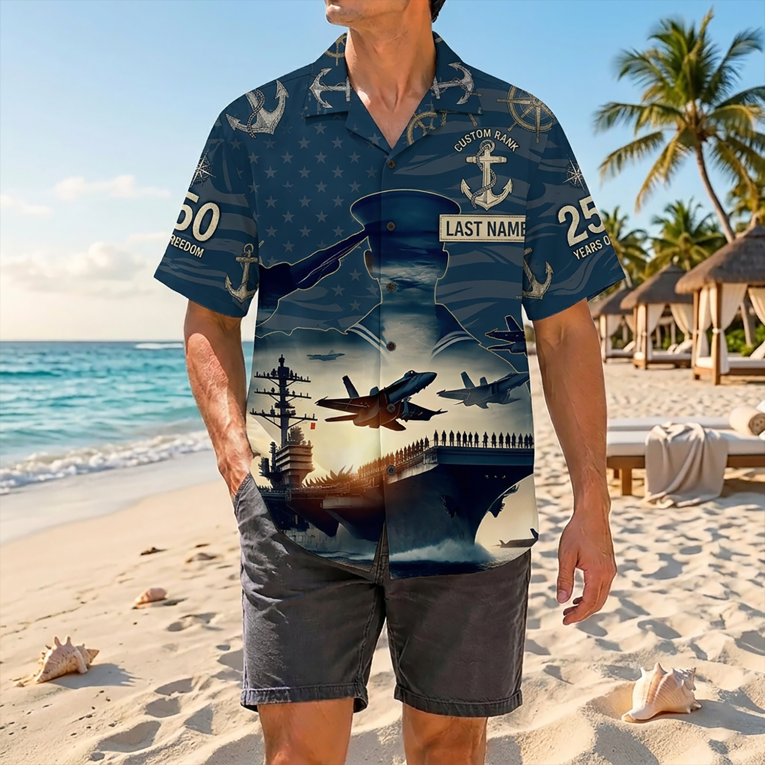 Proud Veteran Wearing Matching Personalized Navy 250 Years of Freedom Hawaiian Shirt On A Tropical Beach