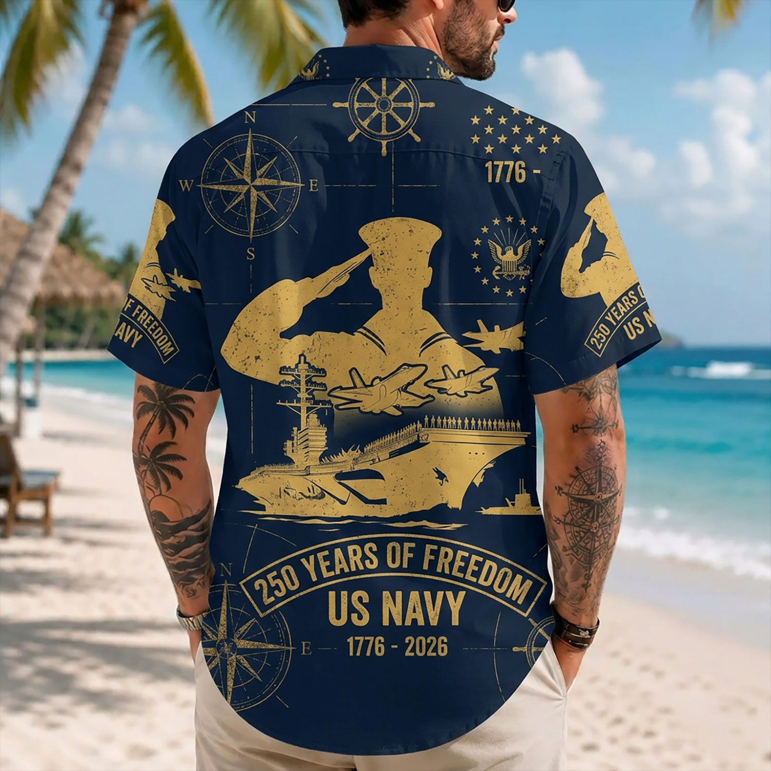 Mens US Navy Hawaiian Shirt Back View Featuring Golden Saluting Officer, Aircraft Carrier Fleet, and 250 Years of Freedom Text