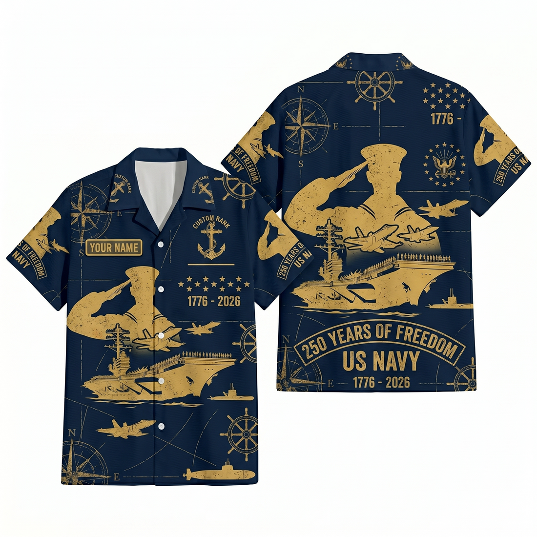 Mens Personalized Navy 250 Years of Freedom Saluting Sailor Hawaiian Shirt Flat Layout