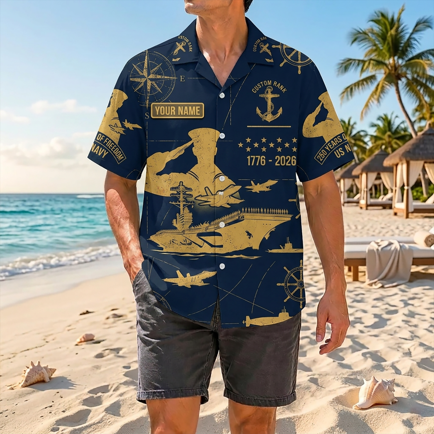 Mens US Navy Hawaiian Shirt Front View Showing Custom Name and Rank Badges on Model
