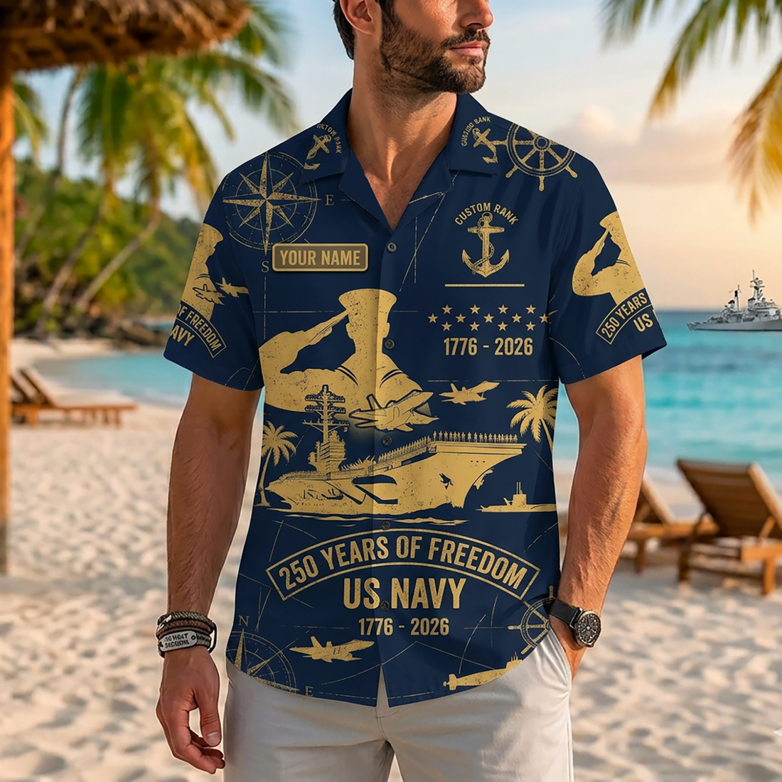 Mens Personalized Navy 250 Years of Freedom Saluting Sailor Hawaiian Shirt Flat Layout