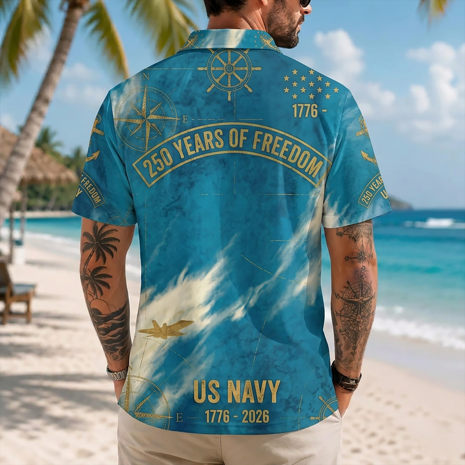 Mens US Navy Hawaiian Shirt Back View Featuring 250 Years Of Freedom Banner and Golden Compass Accents